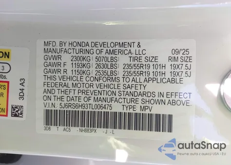 2026 Honda Cr-V Hybrid Awd Sport Touring z USA, uszkodzony, nr VIN 5J6RS6H93TL006475